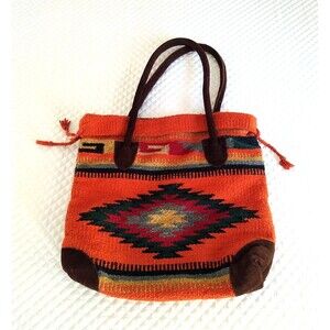 Southwestern Style Extra Large Blanket Tote Handbag Boho Leather Straps Lined